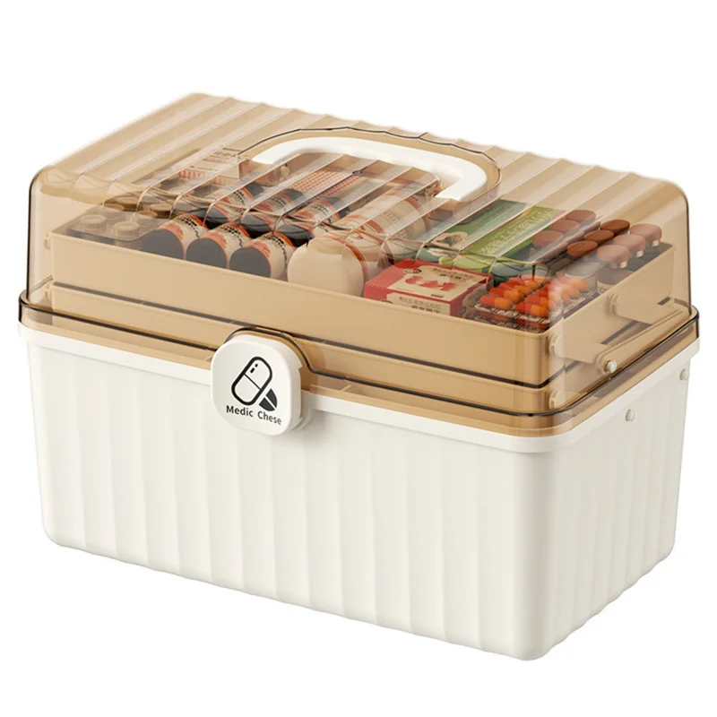3-Layer Foldable Medicine Storage Box 32 x 17 x 22cm Portable First Aid Organizer for Home - White
