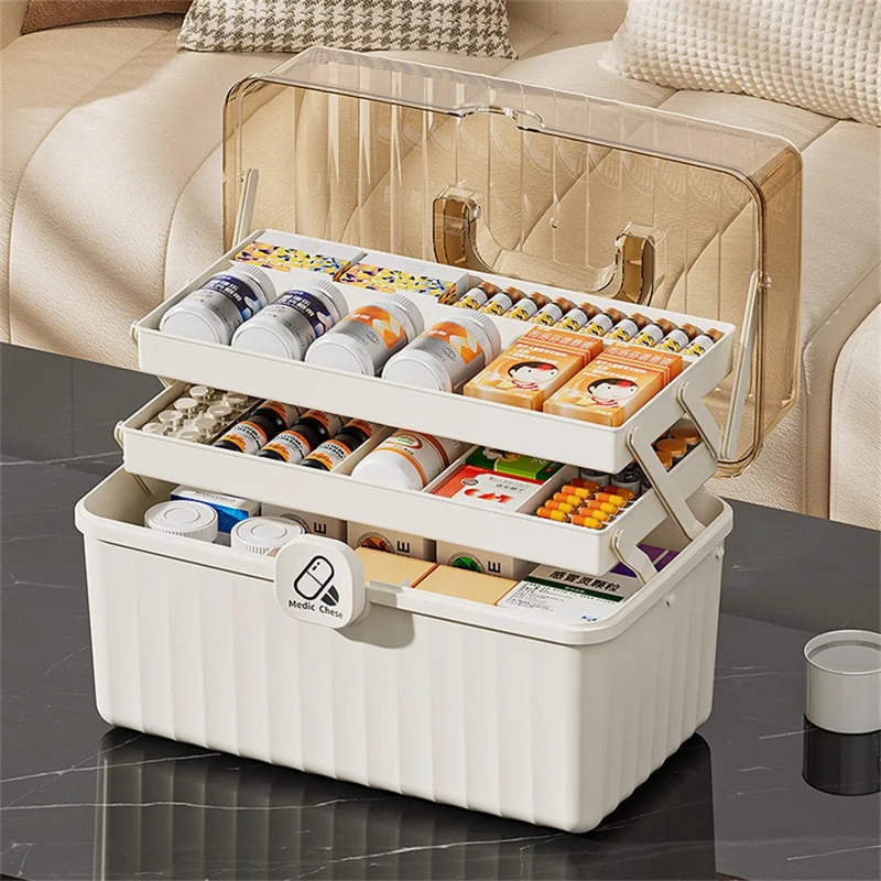 3-Layer Foldable Medicine Storage Box 32 x 17 x 22cm Portable First Aid Organizer for Home - White
