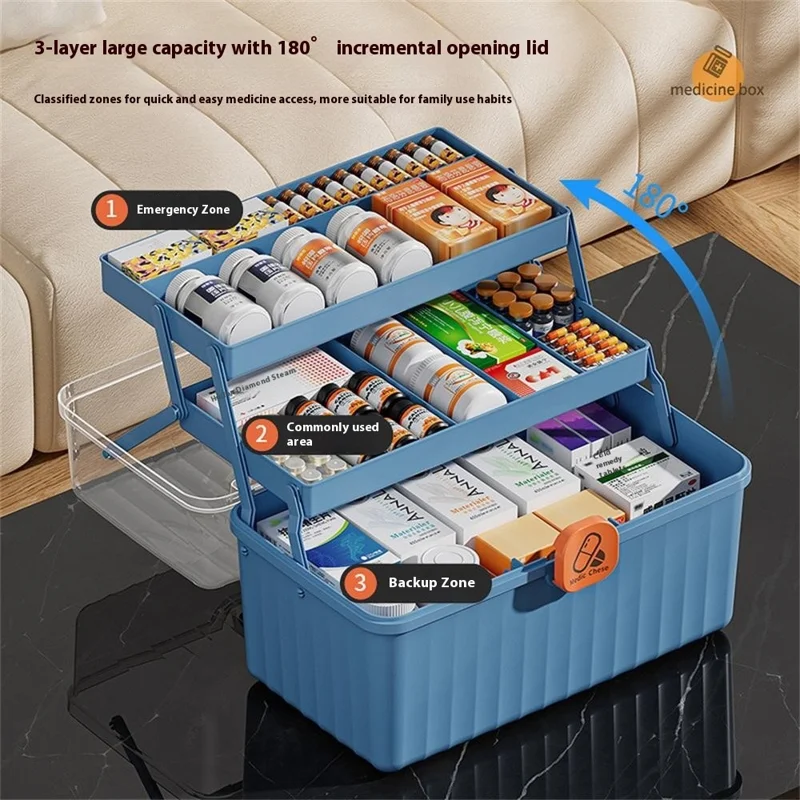 3-Layer Foldable Medicine Storage Box 32 x 17 x 22cm Portable First Aid Organizer for Home - White