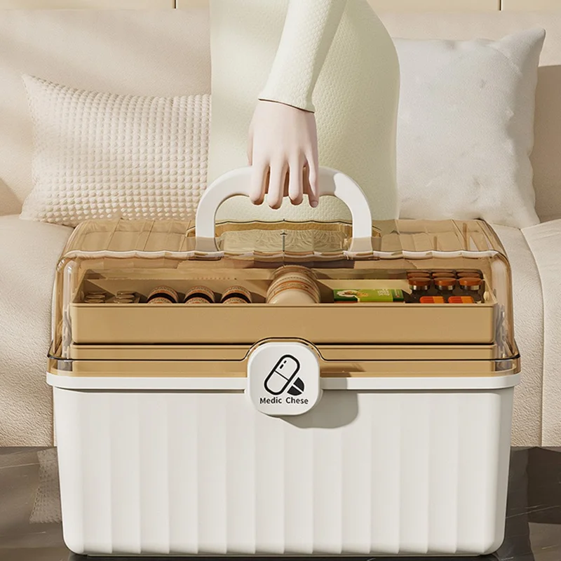 3-Layer Foldable Medicine Storage Box 32 x 17 x 22cm Portable First Aid Organizer for Home - White