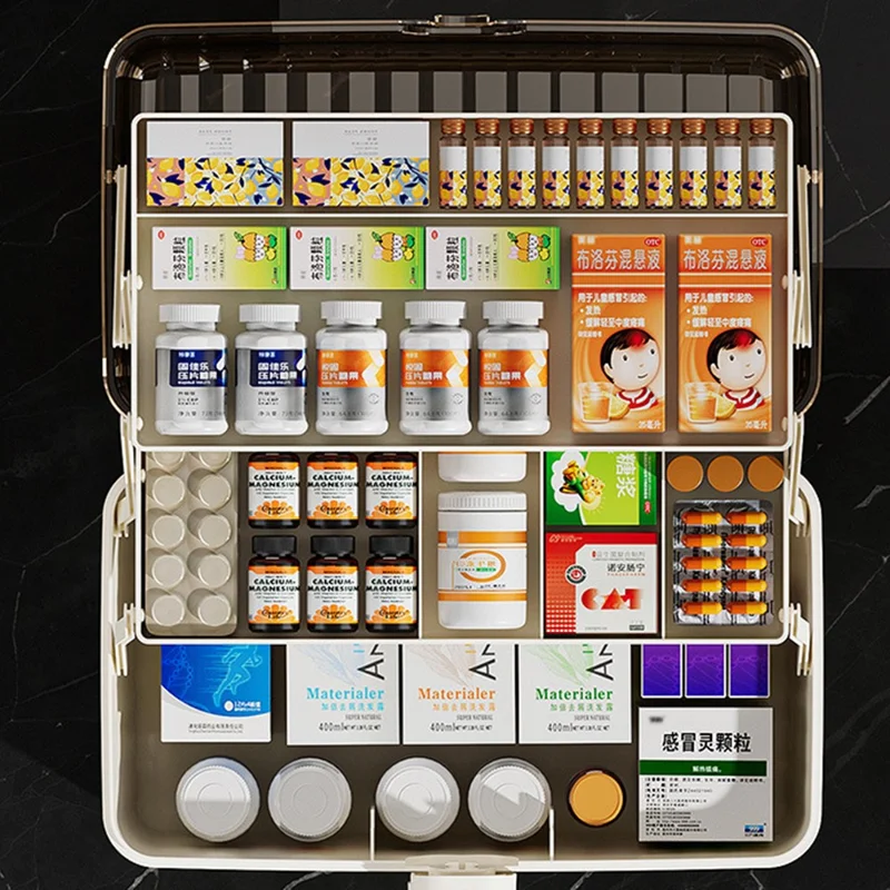 3-Layer Foldable Medicine Storage Box 32 x 17 x 22cm Portable First Aid Organizer for Home - White