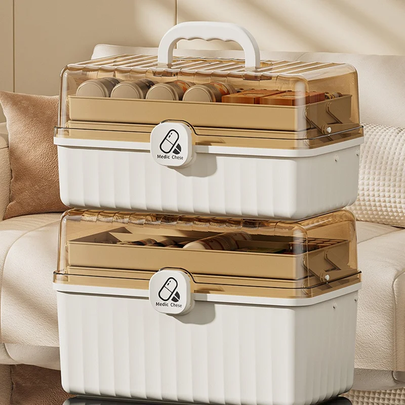 3-Layer Foldable Medicine Storage Box 32 x 17 x 22cm Portable First Aid Organizer for Home - White