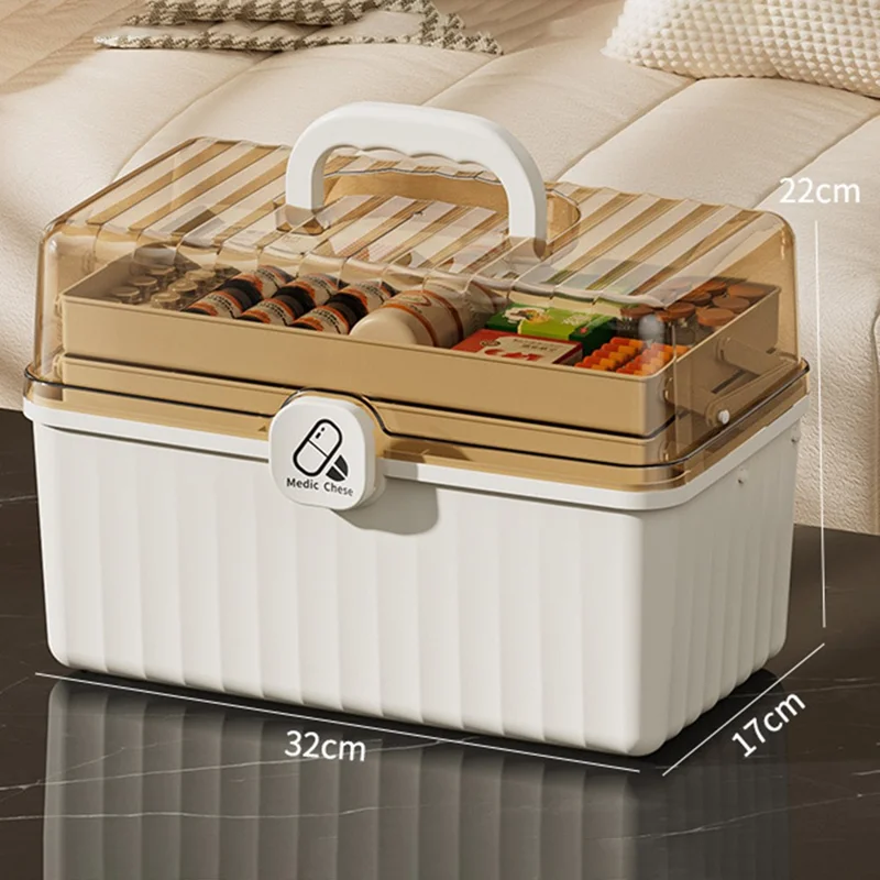 3-Layer Foldable Medicine Storage Box 32 x 17 x 22cm Portable First Aid Organizer for Home - White