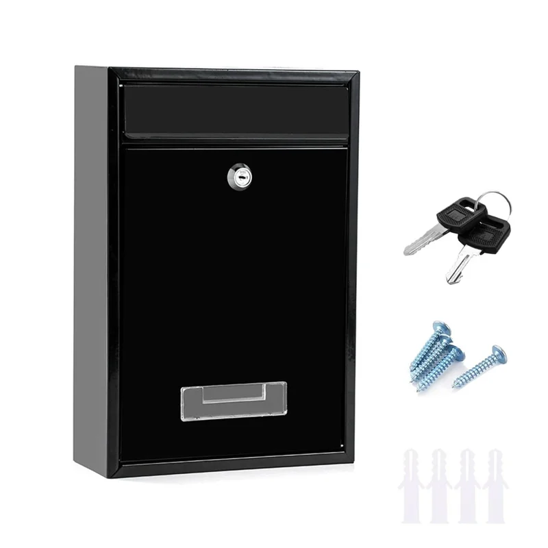 2807 Wall Mounted Mailbox with 2 Keys Outdoor Security Letterbox for Letters Magazines Newspapers Metal Post Box - Black