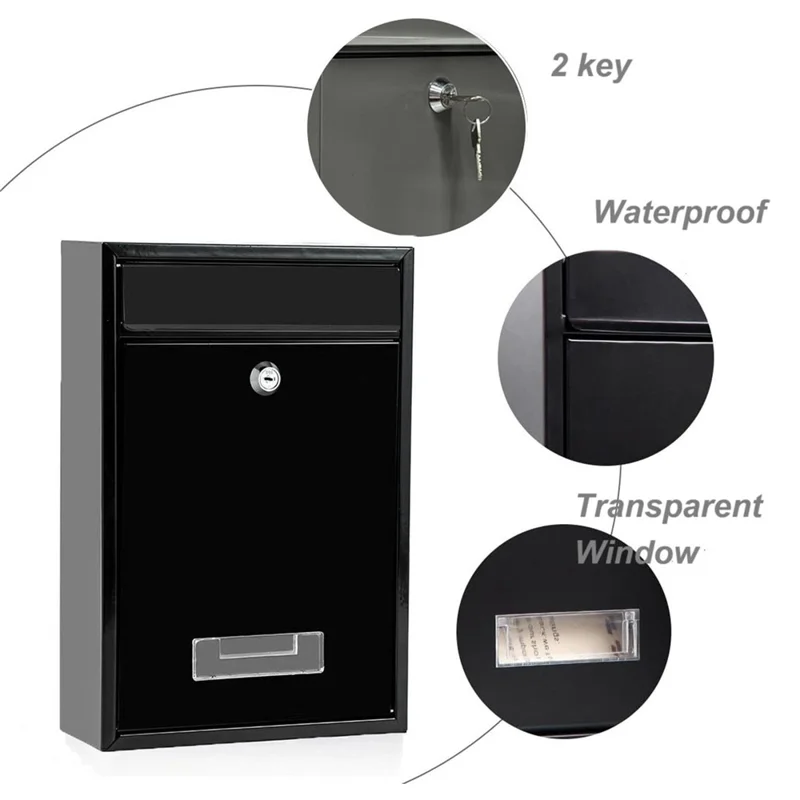 2807 Wall Mounted Mailbox with 2 Keys Outdoor Security Letterbox for Letters Magazines Newspapers Metal Post Box - Black