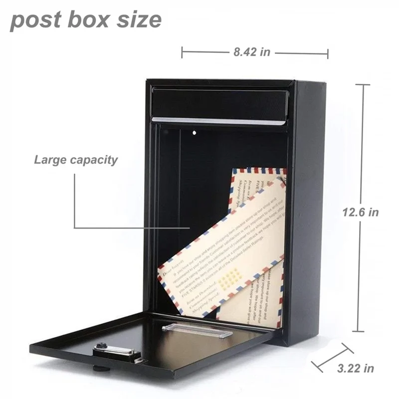 2807 Wall Mounted Mailbox with 2 Keys Outdoor Security Letterbox for Letters Magazines Newspapers Metal Post Box - Black