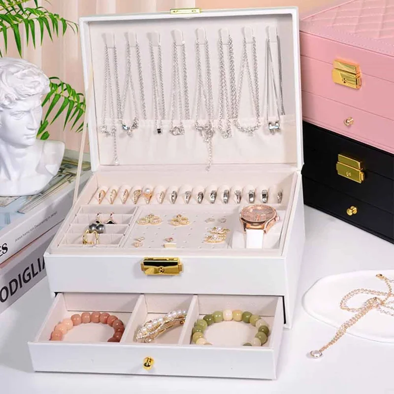 Dual Layer Jewelry Organizer Box with Drawer Large Capacity Lockable PU Leather Storage Case for Necklaces Bracelets Earrings - White