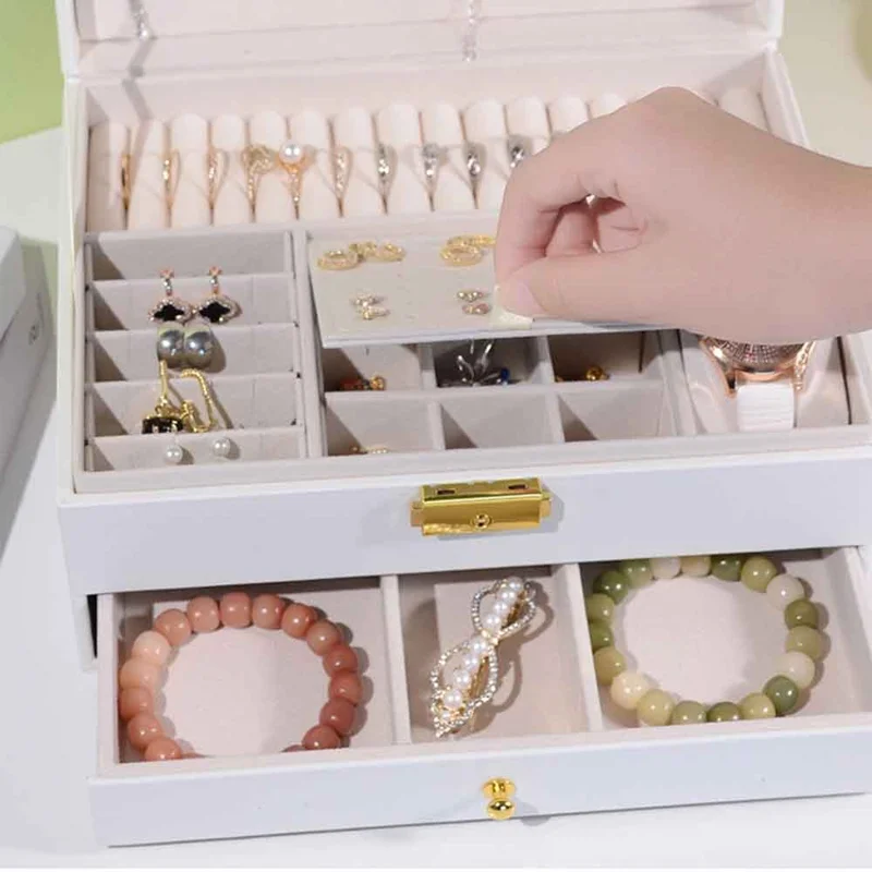 Dual Layer Jewelry Organizer Box with Drawer Large Capacity Lockable PU Leather Storage Case for Necklaces Bracelets Earrings - White