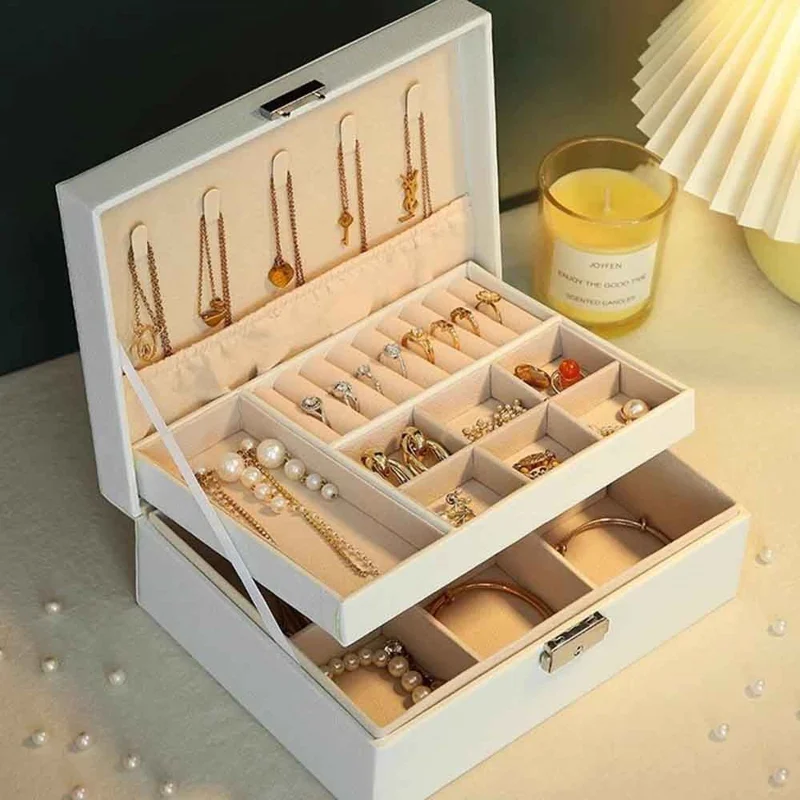 Double Layer Jewelry Box PU Leather Organizer with Lock for Earrings Rings Necklaces Bracelets Storage Case - Black