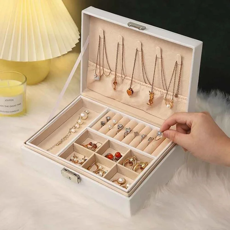 Double Layer Jewelry Box PU Leather Organizer with Lock for Earrings Rings Necklaces Bracelets Storage Case - Black