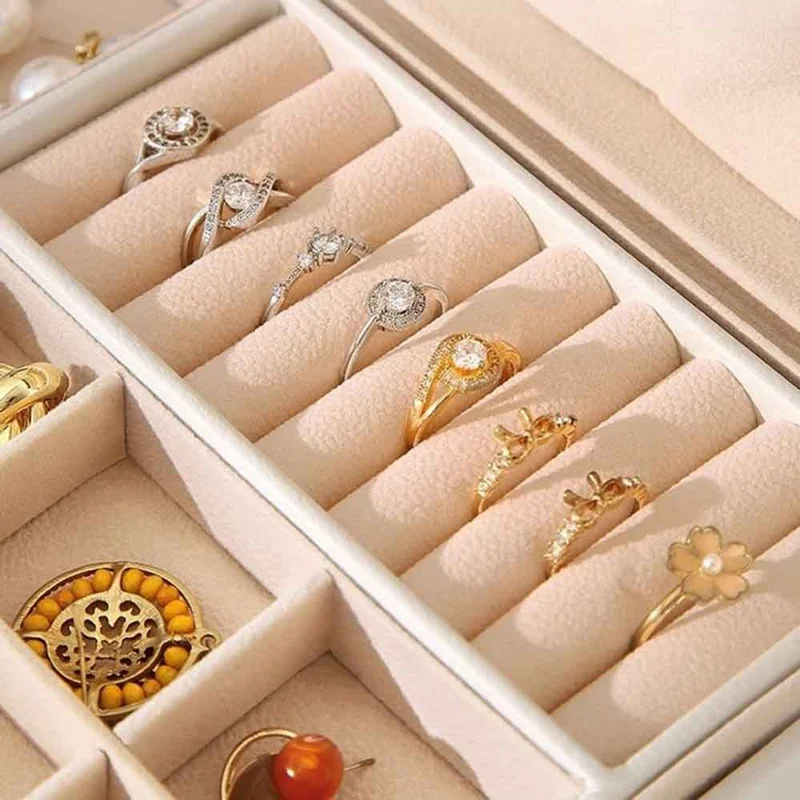 Double Layer Jewelry Box PU Leather Organizer with Lock for Earrings Rings Necklaces Bracelets Storage Case - Black