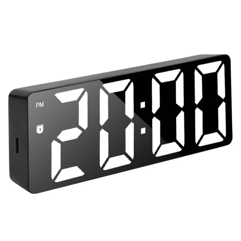 LED Digital Alarm Clock for Students Mirror Surface Desktop Clock with Voice Control Function - Black Shell+Black Surface+White Light
