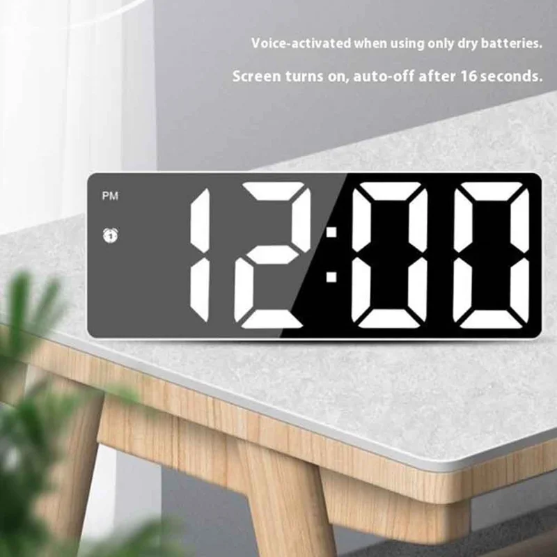 LED Digital Alarm Clock for Students Mirror Surface Desktop Clock with Voice Control Function - Black Shell+Black Surface+White Light