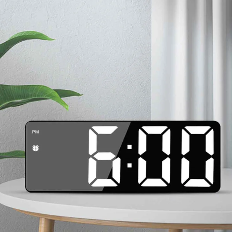 LED Digital Alarm Clock for Students Mirror Surface Desktop Clock with Voice Control Function - Black Shell+Black Surface+White Light