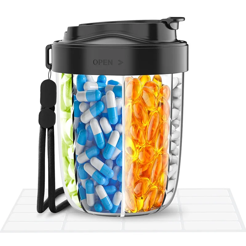 Portable 7 Compartments Sealed Pill Organizer Storage Cup Travel Medication Container (FCM  / PFAS Tested) - Black