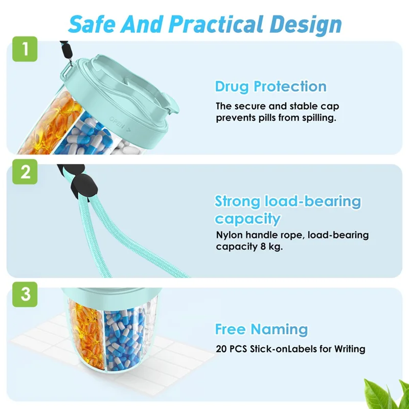 Portable 7 Compartments Sealed Pill Organizer Storage Cup Travel Medication Container (FCM  / PFAS Tested) - Black