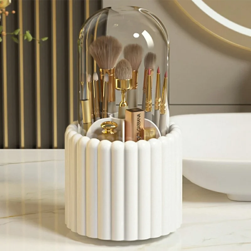 7 Compartments Rotating Makeup Brush Holder Organizer for Vanity Table Cosmetic Storage Container, with Lid - White