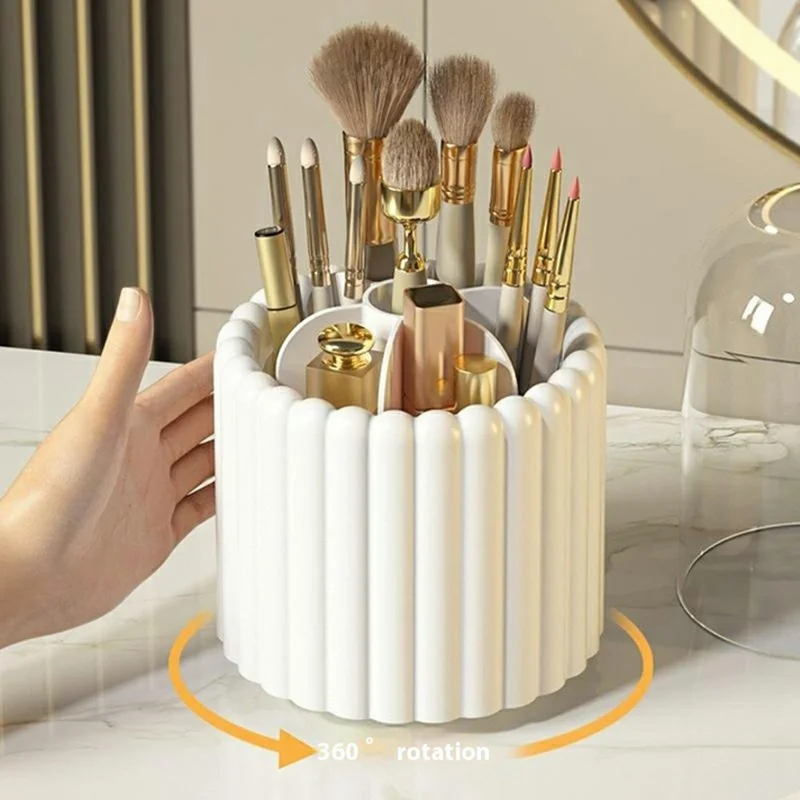 7 Compartments Rotating Makeup Brush Holder Organizer for Vanity Table Cosmetic Storage Container, with Lid - White