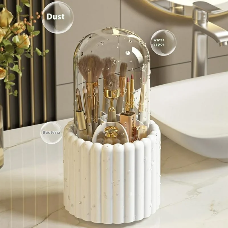 7 Compartments Rotating Makeup Brush Holder Organizer for Vanity Table Cosmetic Storage Container, with Lid - White
