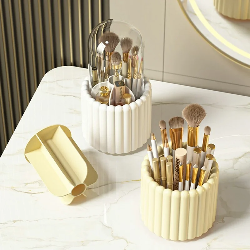 7 Compartments Rotating Makeup Brush Holder Organizer for Vanity Table Cosmetic Storage Container, with Lid - White