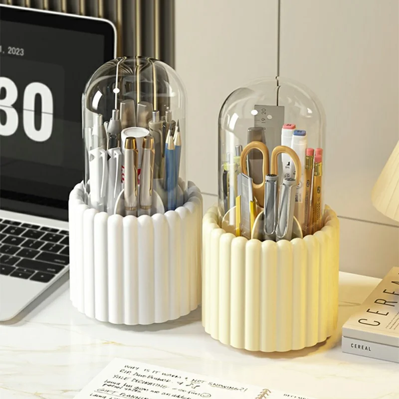 7 Compartments Rotating Makeup Brush Holder Organizer for Vanity Table Cosmetic Storage Container, with Lid - White