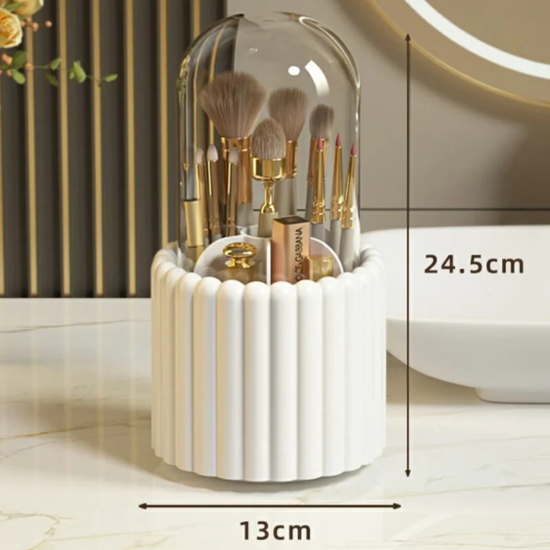 7 Compartments Rotating Makeup Brush Holder Organizer for Vanity Table Cosmetic Storage Container, with Lid - White