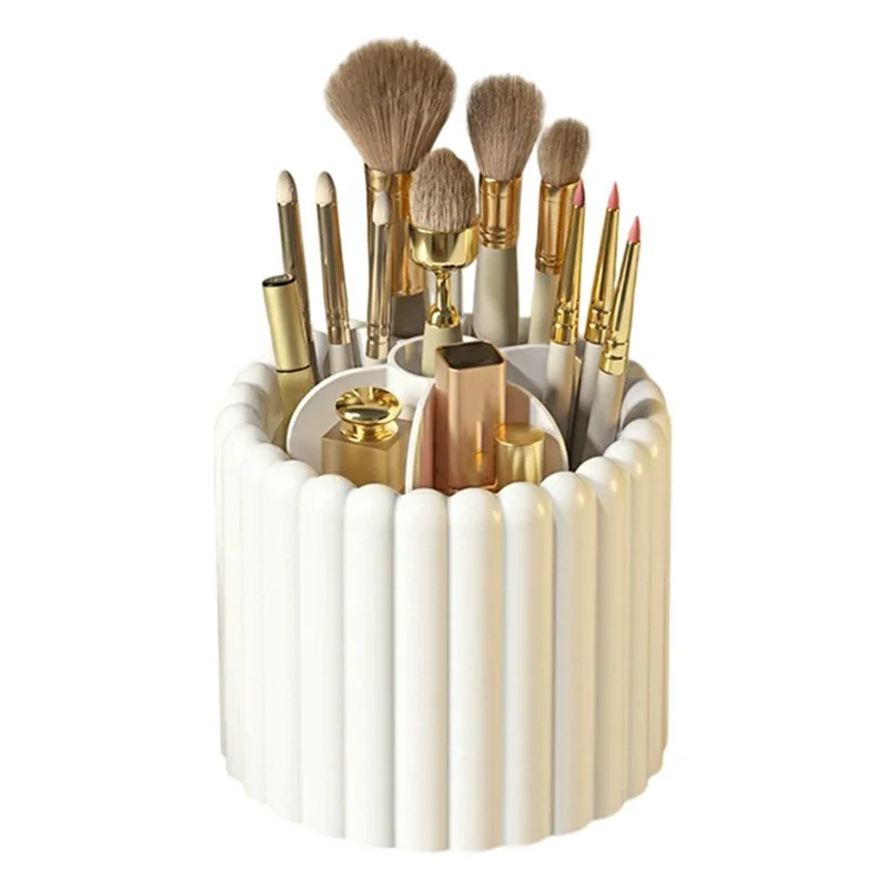 Rotating Makeup Brush Holder Organizer for Vanity Table 7 Compartments Cosmetic Storage Container, without Lid - White