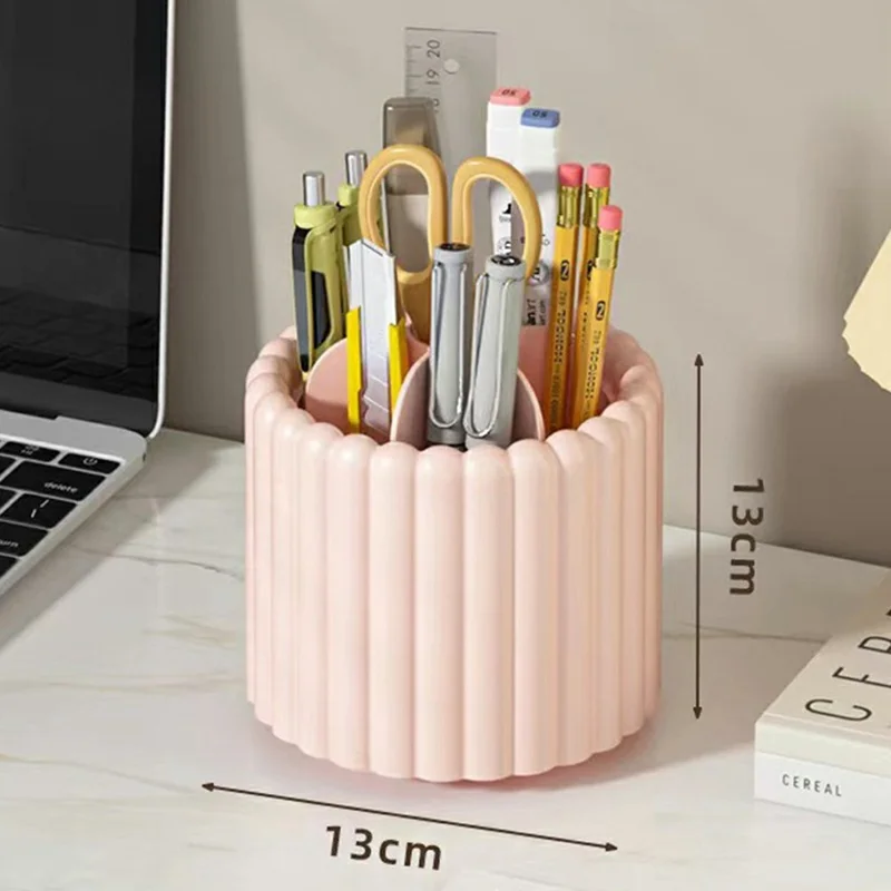 Rotating Makeup Brush Holder Organizer for Vanity Table 7 Compartments Cosmetic Storage Container, without Lid - White