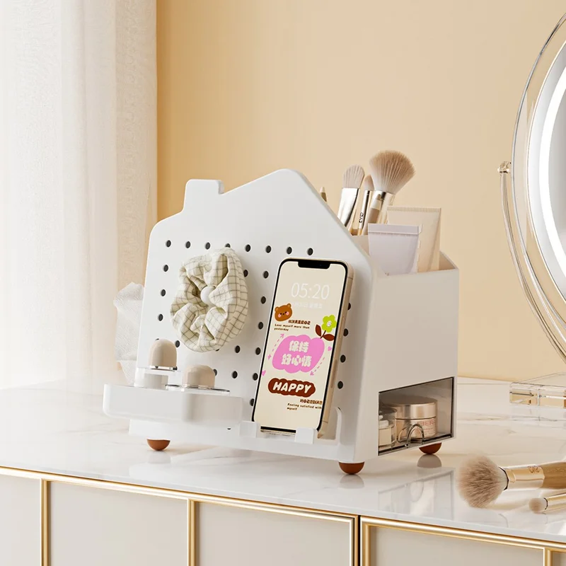 Desktop-Organizer mit Lochbretthalterung für Papierservietten, Stationery-Kosmetikaufbewahrungsregal, Bürobleistifthalter - Weiß