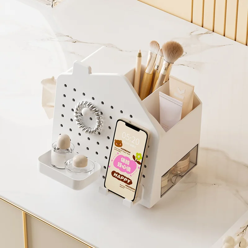 Desktop-Organizer mit Lochbretthalterung für Papierservietten, Stationery-Kosmetikaufbewahrungsregal, Bürobleistifthalter - Weiß