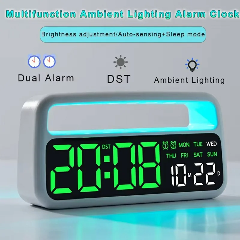 5520 Multifunctional LED Digital Clock with Ambient Light Sleep Mode Auto Brightness Bedside Alarm Clock - White Shell+Blue Light