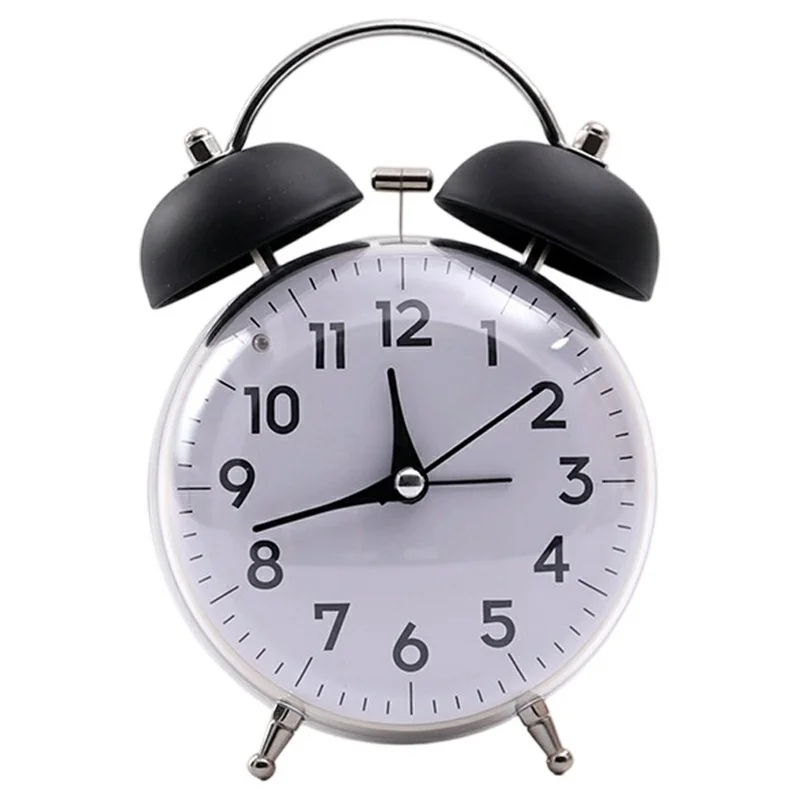 GH823 4-дюймовый классический двойной колокольный будильник Тихий студенческий настольный часы с ночной подсветкой - черный