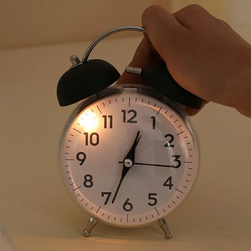 GH823 4-дюймовый классический двойной колокольный будильник Тихий студенческий настольный часы с ночной подсветкой - черный