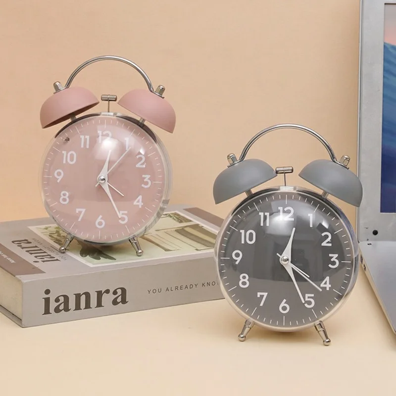 GH823 4-дюймовый классический двойной колокольный будильник Тихий студенческий настольный часы с ночной подсветкой - черный