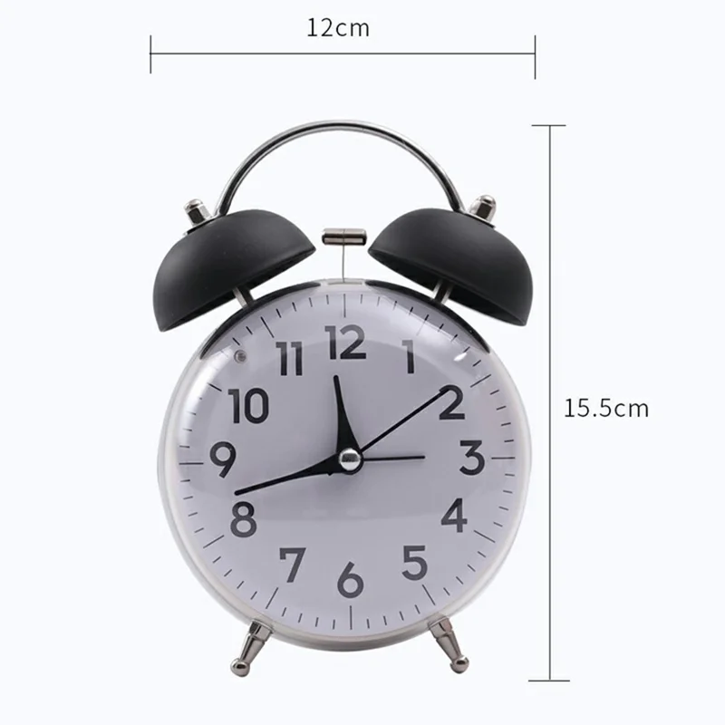 GH823 4-дюймовый классический двойной колокольный будильник Тихий студенческий настольный часы с ночной подсветкой - черный