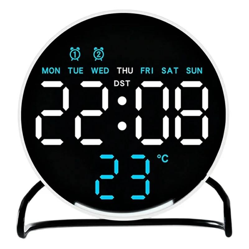 2813 2 Modes LED Desktop Alarm Clock Temperature Display Brightness Control Digital Timer with Stand - Round / White Shell+Blue Light