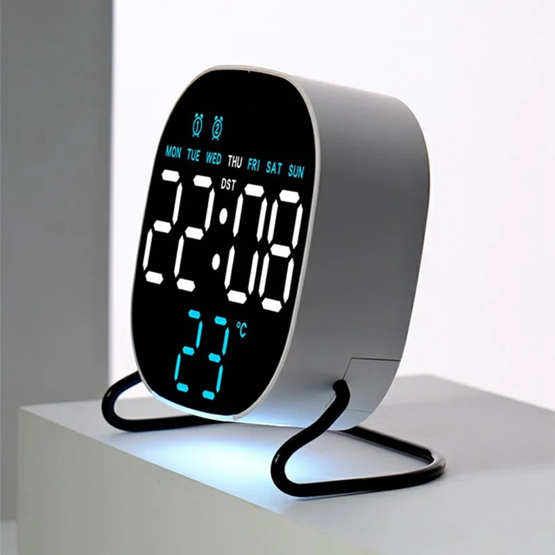 2813 2 Modes LED Desktop Alarm Clock Temperature Display Brightness Control Digital Timer with Stand - Round / White Shell+Blue Light