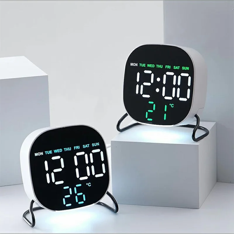 2813 2 Modes LED Desktop Alarm Clock Temperature Display Brightness Control Digital Timer with Stand - Round / White Shell+Blue Light