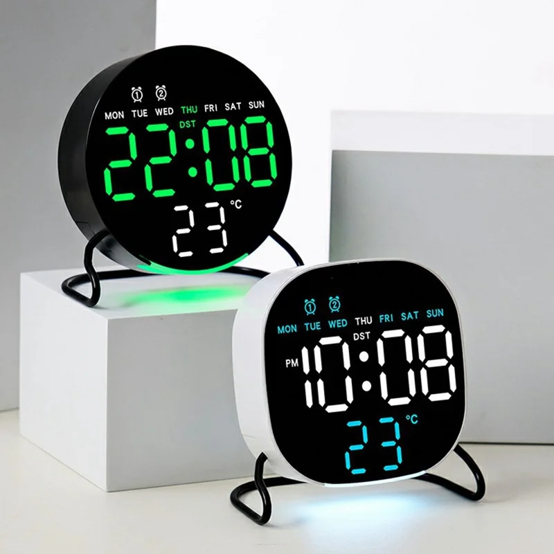 2813 2 Modes LED Desktop Alarm Clock Temperature Display Brightness Control Digital Timer with Stand - Round / White Shell+Blue Light