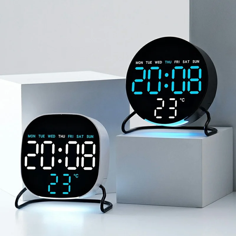 2813 2 Modes LED Desktop Alarm Clock Temperature Display Brightness Control Digital Timer with Stand - Round / White Shell+Blue Light
