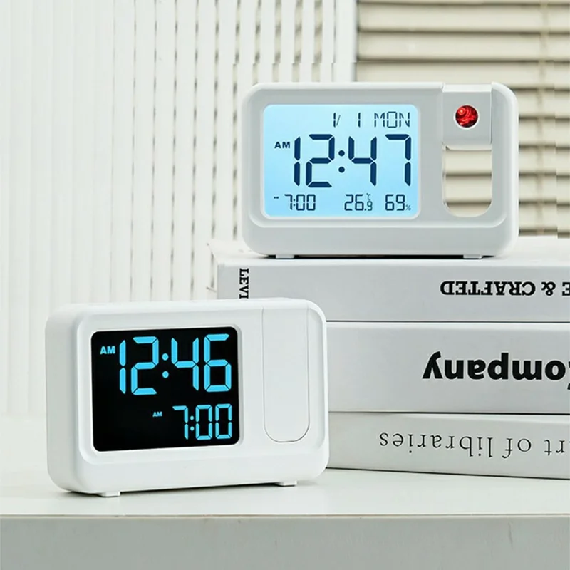 2311 Multifunctional Projection Alarm Clock LCD Digital Clock Temperature Humidity Monitor - Black Shell+White Screen