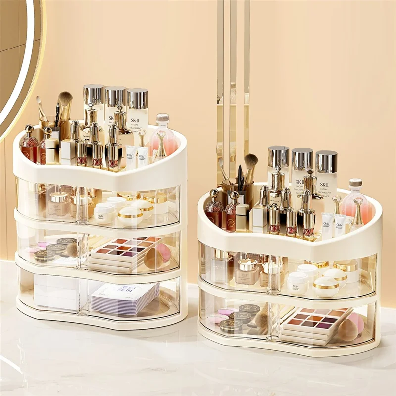 2 Layer Rotating Drawer Cosmetic Storage Box Dustproof Makeup Display Box Transparent Cosmetic Organizer