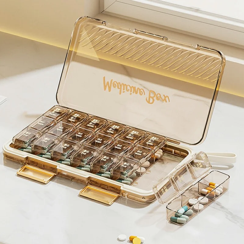 Organizador de Pílulas Caixa Semanal de Medicamentos de 7 Dias Portátil com Tampa Compartimentos Múltiplos para Viagem / Casa - Café