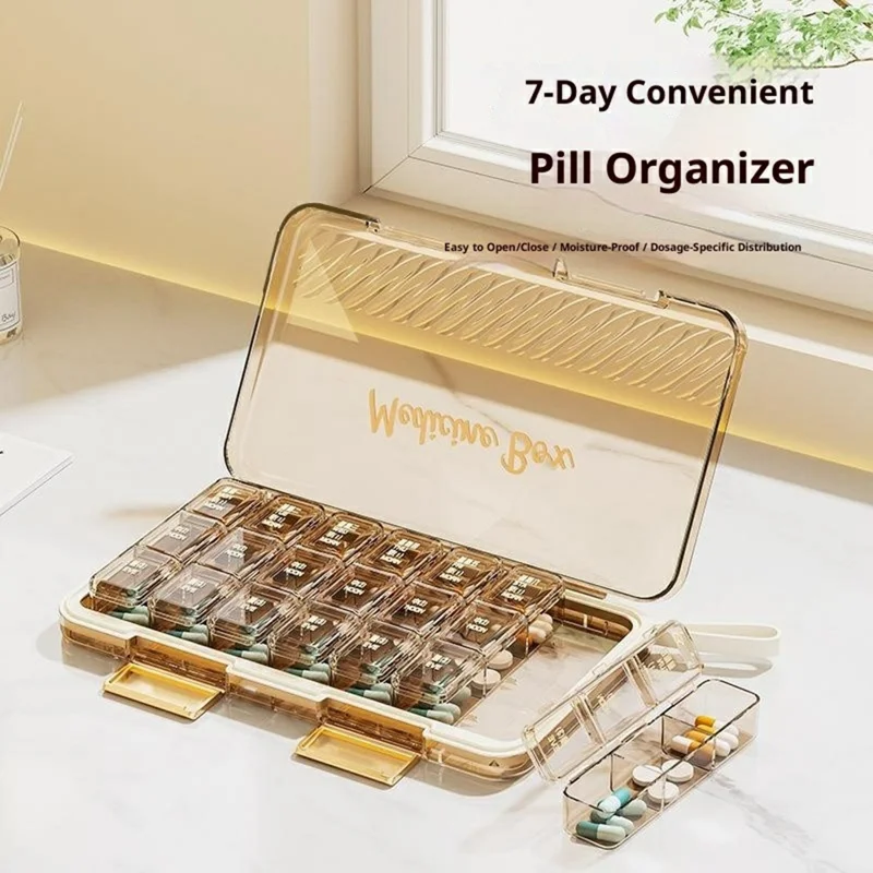 Organizador de Pílulas Caixa Semanal de Medicamentos de 7 Dias Portátil com Tampa Compartimentos Múltiplos para Viagem / Casa - Café