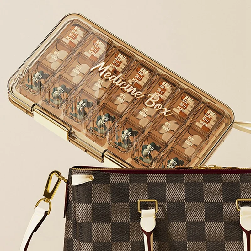 Organizador de Pílulas Caixa Semanal de Medicamentos de 7 Dias Portátil com Tampa Compartimentos Múltiplos para Viagem / Casa - Café