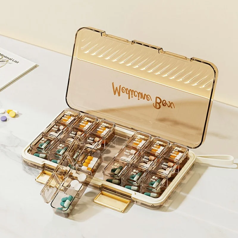 Organizador de Pílulas Caixa Semanal de Medicamentos de 7 Dias Portátil com Tampa Compartimentos Múltiplos para Viagem / Casa - Café