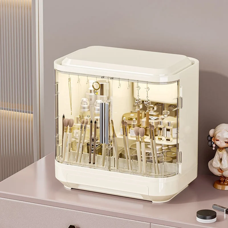2068 Großer Kosmetikorganizer mit Spiegel, Staubdichter Kunststoff-Kosmetikaufbewahrungskasten - Weiß + Transparent