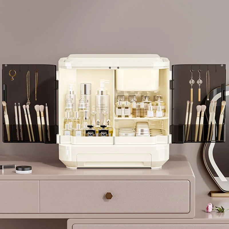 2068 Großer Kosmetikorganizer mit Spiegel, Staubdichter Kunststoff-Kosmetikaufbewahrungskasten - Weiß + Transparent