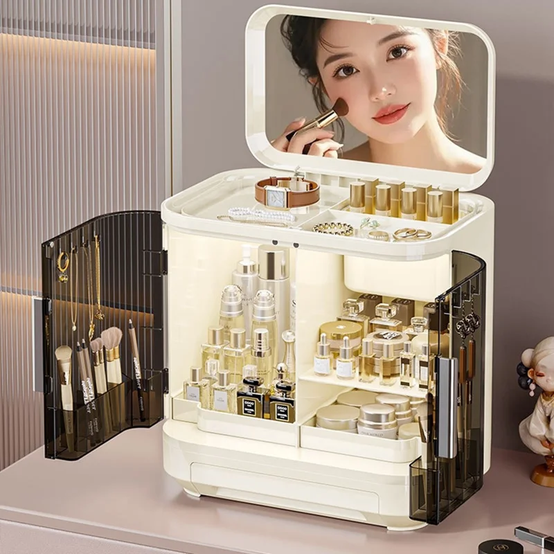 2068 Großer Kosmetikorganizer mit Spiegel, Staubdichter Kunststoff-Kosmetikaufbewahrungskasten - Weiß + Transparent