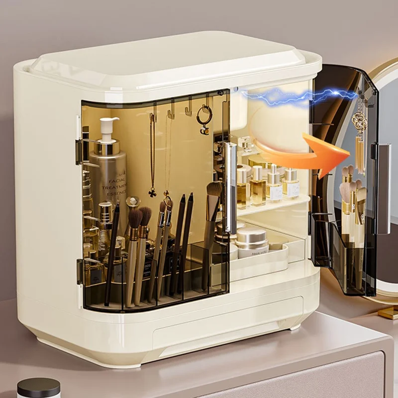 2068 Großer Kosmetikorganizer mit Spiegel, Staubdichter Kunststoff-Kosmetikaufbewahrungskasten - Weiß + Transparent